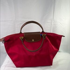 Longchamp Red Tote with Brown Accents